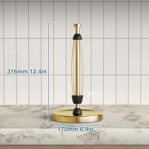 Image of Paper Towel Holder Countertop, Gold Kitchen Accessories Decor, Stainless Steel, Weighted Base, Gold, Paper Towel Roll Holder Stand with Ratchet Mechanism for Kitchen Bathroom Farmhouse Essentials