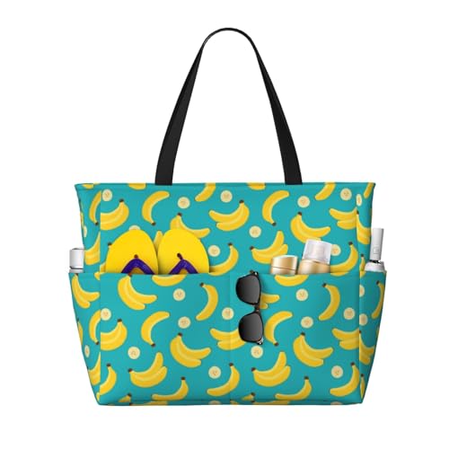 Large Beach Bags Water-resistant Sandproof - Cute Banana Ice Blue Cute Beach Tote Bags for Women with Zipper