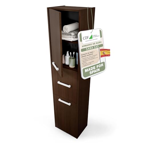 CDF Mueble de baño Alto y Estrecho 40x30x170cm – Armario de baño Moderno con Puerta y estantes - Wengué