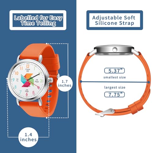 Blisshour Kids Watch Analog Waterproof, Pinwheel Learning Watch for Kids 8-12, Teacher Watches for Boys Ages 5-7 6-8, Easy to Read Educational Girls Watches Style A Orange2
