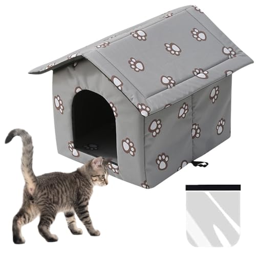 SKIKHN Casetta per Gatti per Esterni,40x38x35cm Cuccia Gatto Esterno Grigio con Cuscino Rimovibile,Resistente alle Intemperie Cat House,Rifugio Caldo Pieghevole,Resistente All'inverno Rifugio Animali