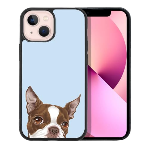 FINCIBO Anti-Scratch Soft Rubber Protective Shockproof Slim Case Cover Compatible with Apple iPhone 13 mini 5.4 inch 2021 - Boston Terrier Red and White Dog on Light Blue