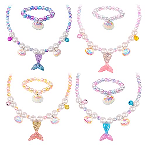 Cehim Girl Princess Necklace Bracelet, 4 Sets Girls Beads Jewelry Set with Mermaid Pendants Mermaid Pearl Jewelry Sets Friendship Dress Up Play Party Favor Gift Jewelry for Kids Toddler Little Girls