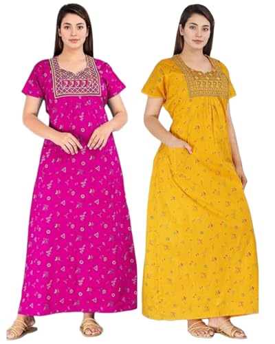 Image of Bresdk Women's Cotton Embroidered Jaipuri Nighty Gown - Pack of 2 Rajasthani Print Maxi Night Dress with Pocket - Soft & Comfortable Ladies Sleepwear & Loungewear