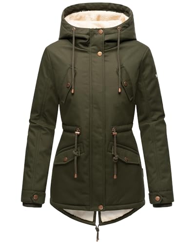 MARIKOO Damen warme Winterjacke mit kuscheliger verstellbarer Kapuze Manolya Dark Olive Gr. L