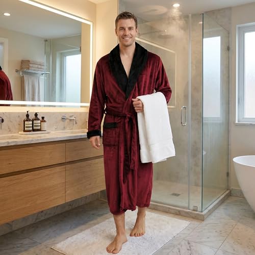 Image of U2SKIIN Mens Fleece Robe Plush Collar Shawl Bathrobe