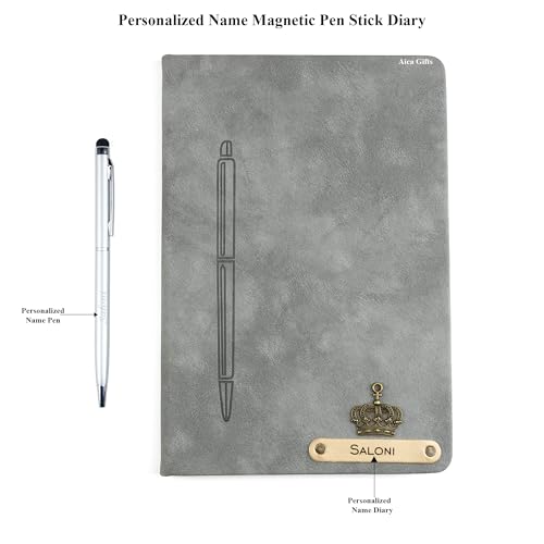 Image of AICA Personalized Name & Charm Magnetic Stick Leather (Grey) Diary & Roller Pen |Customized Corporate Gift for Men Women |Diwali Gifts for Family and Friends|Diary for Men Women |Gifts For Employee