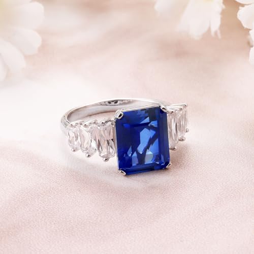 Blue Sapphire Ring for Women, 9x11 MM Emerald Cut Gemstone Birthstone Engagement Vintage Anniversary Ring, 925 Sterling Silver Plated 18K White Gold Ring Gift For Women Wife Size 5 to 124