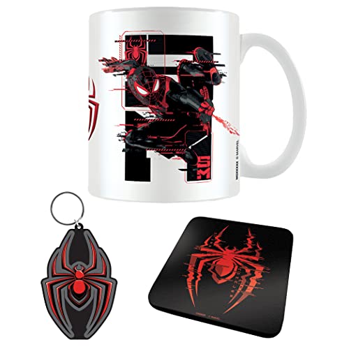 Marvel Spider-Man Tasse, Untersetzer, Schlüsselanhänger (Web Glitch Miles Morales Design) Geschenk-Set - Offizielles Merchandise, Rot
