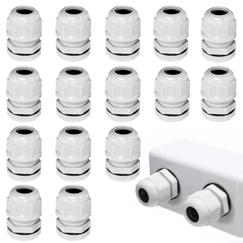Image of 15 Pack M25 Cable Glands, IP68 Waterproof, Nylon, with Locknut and Washer, Fits 12-16mm Cables, for Electrical and Junction Boxes, White