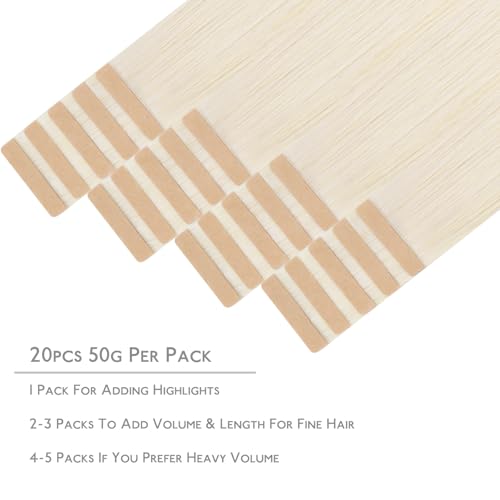 Image of WENNALIFE Tape in Hair Extensions Human Hair, 20pcs 50g 20 inch White Blonde Remy Hair Extensions Straight Human Hair Tape in Extensions Skin Weft Tape Extensions Human Hair