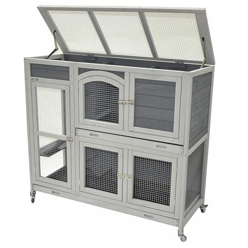 nanook Indoor Kleintierstall Hamster Meerschweinchenstall Zwergkaninchen seitliche Aufgänge für mehr Platz - lasiert - feststellbare Rollfüße - praktische Dachöffnung - 111 x 45 x 107 cm - grau