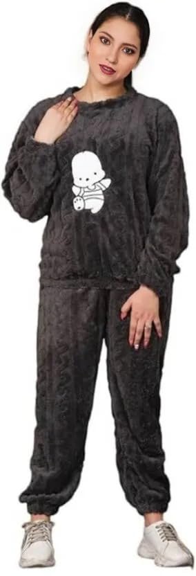 Image of Women's Fur Long Sleeve Nightsuit | Regular Fit Warm Top and Pyjama Set | Winter Wear Sweatpant Set for Women