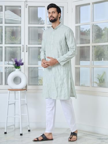 Image of See Designs Men's Full Sleeve Mandarin Collar Sequins Embroidered Straight Long Kurta - Festive Collection