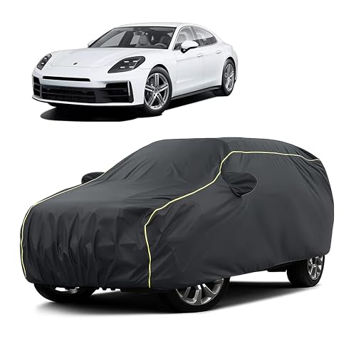 Image of Sulfar 100% Water Resistant Car Body Cover Compatible with Mirror for Porsche Panamera (Triple Stitched, Full Bottom Elastic, Dark Grey Taffeta with Yellow Piping)