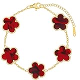 Four Leaf Clover Bracelet for Women 14K Gold Plated 4 Leaf Flower Stainless Steel Link Adjustble Bracelets-True Non Tranish Hypoallergenic Lightweight 5 Floral Lucky Jewelry Gifts for Women's Colors-Red Bracelet Gold