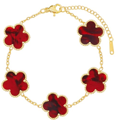 BAREEK Four Leaf Clover Bracelet for Women,Gold Red Burgundy Lucky Bracelet