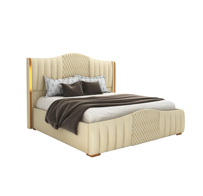 Image of STRATA FURNITURE Solid Wood King Size Bed with Box Storage and Upholstered Headboard | Wooden Double Bed Cot Palang for Bedroom, Home, Hotel & Guest Room Furniture (Beige)