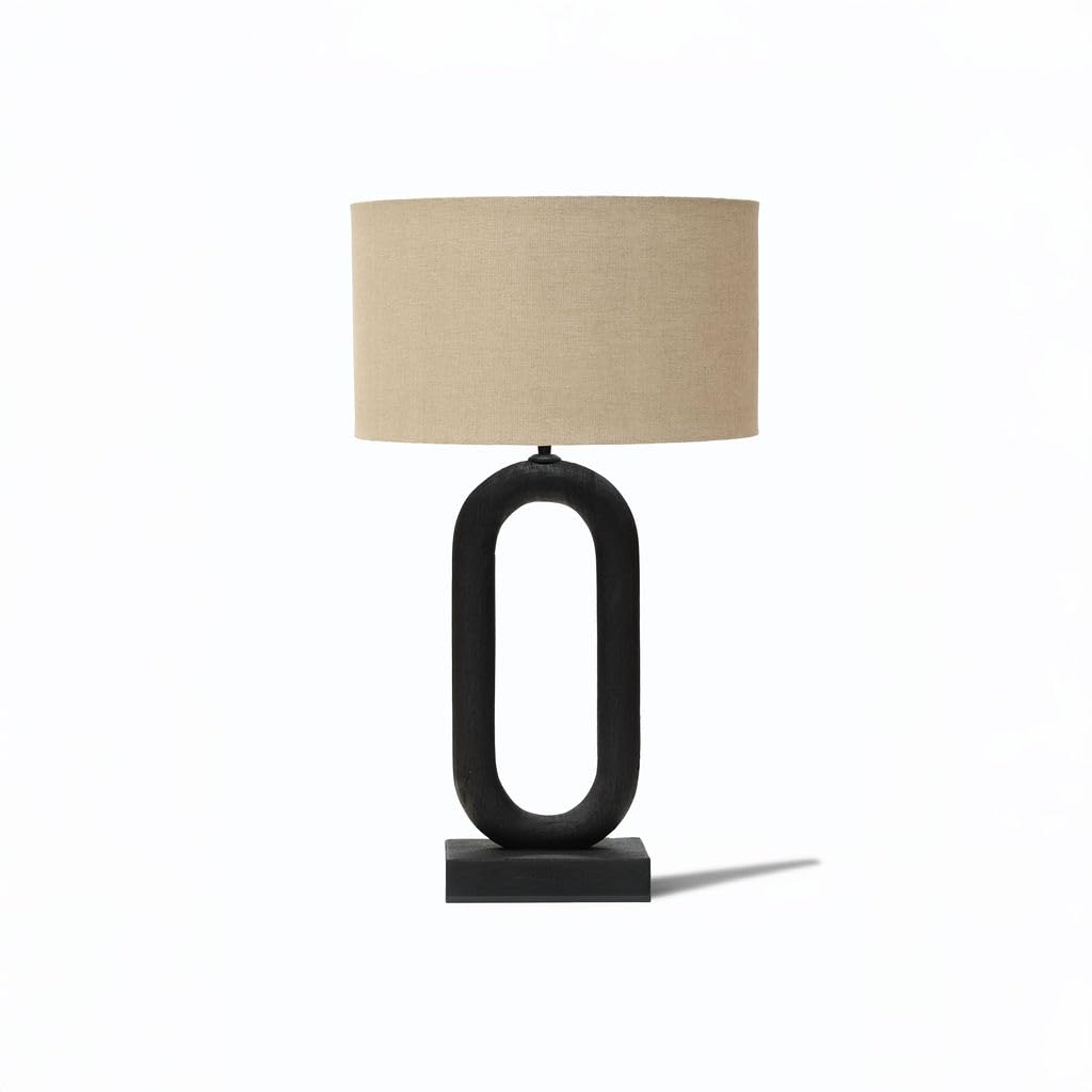 Arthur Cameron Black Sandblasted Kelston Table Lamp, Handcrafted from Mango Wood with a Beige Linen Drum Shade - Modern Bedside Lamp/Desk Lamp with Clean, Minimalist Design (Medium)