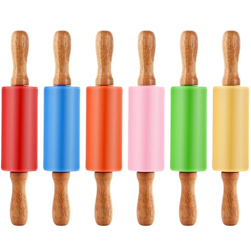 LOLYSIC 6 Stück Silikon Nudelholz Mini Nudelholz Kinder Holzgriff Nudelholz Silikon Teigroller Back-Nudelhölzer Fondant Roller Teigroller Klein für Küche Backen Pizza Kekse Gebäck Fondant Kinder