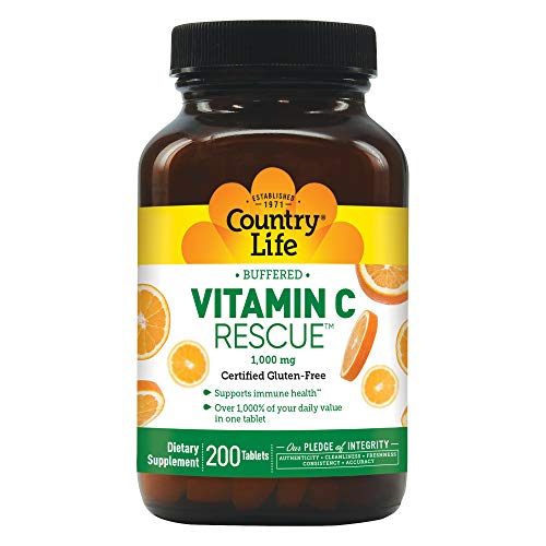 Country Life Buffered Vitamin C Rescue with Rose Hips 1,000mg - 200 Tablets - Immune Health and Function