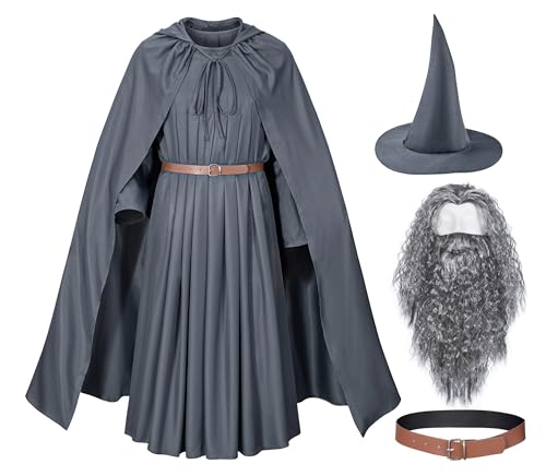 Grey Wizard Costume Mens Adult Robe Hooded Cloak Outfits Hat Full Set Halloween Cosplay S