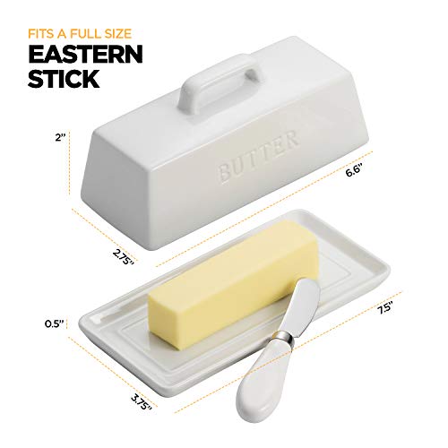 Ceramic Butter Dish Set with Lid and Knife - Decorative Butter Stick Holder with Handle for 1 Stick of Butter - Microwave Safe, Dishwasher Safe - Anti-Scratch Stickers Included - Thumbnail 2