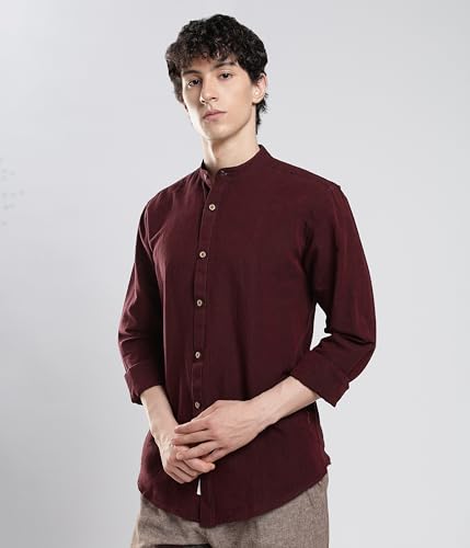 Image of TURMS Men's Casual Solid Linen Shirt | Water Repellent | Anti Stain Anti Odor | Kansas Linen | Mandarin Collar | Full Sleeves
