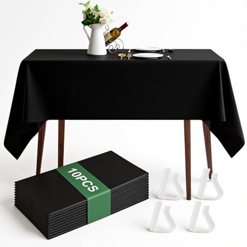 Msauifncp 10 Pièces Nappe Jetable Nappe Noire Couverture de Table en Plastique avec Pinces Fixatrices pour Nappes pour Le Catering Les Fêtes Les Mariages et...