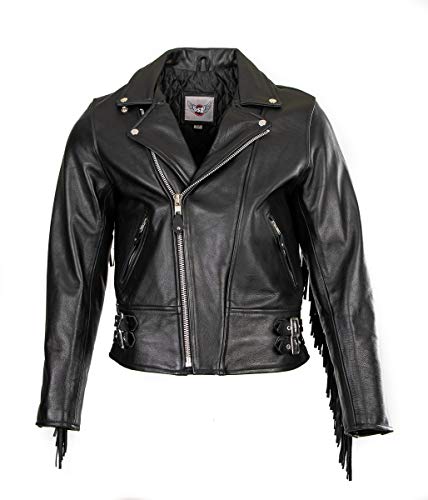 Veste de moto en cuir noir à franges pour vos virées et rassemblements bikers