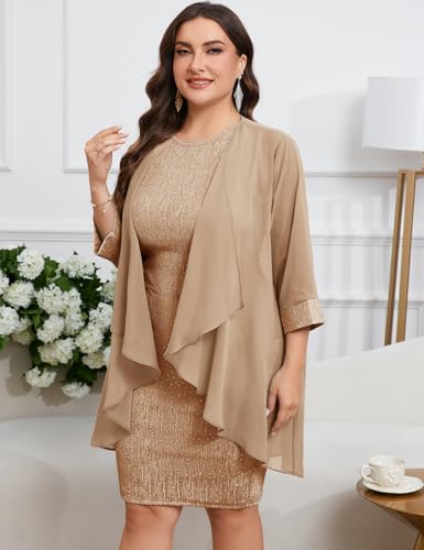 Image of ZOMVA Plus Size Sparkly Formal Dress Suit 2 Piece Mother of The Bride Groom Chiffon Jacket Outfit Cocktail Evening