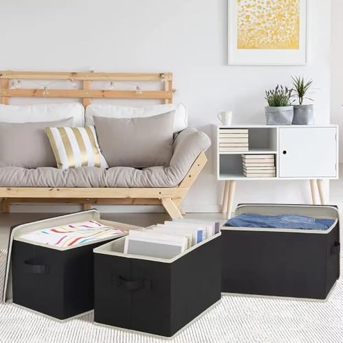 Image of Foldable & Collapsible Non Woven Storage Bins with Lids & Handles Space-Saving Storage Basket Boxes Wardrobe Closet Organizer for Clothes, Toys, Home Organization (Black, Combo of 2)