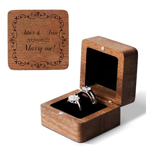 XSTZR Caja de Anillos de Diseño Cuadrado Clásico - Estuche Nupcial de Nogal Sólido con Grabado Personalizado - Ideal para Bodas, Compromiso y como Regalo de Boda para Parejas