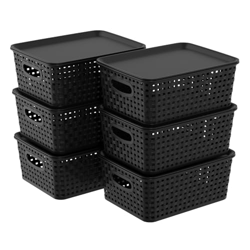 Cestas de almacenamiento con tapa de plástico negras en pack de 6 unidades para organizar 2