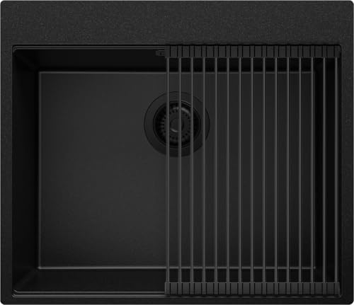 PRIMAGRAN Spülbecken Alles Schwarz 58x50cm, Granitspüle 1 Becken + Ablauf-Set + Aufrollbare Abtropffläche, Küchenspüle ab 60er Unterschrank - Oslo S280