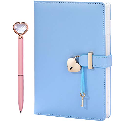 JEWPHX Heart Shaped Lock Diary with Key&Heart Diamond Pen,PU Leather Cover,A5,Journal Secret Notebook Gift for Women Girls (A5(8.5"*5.7"), Blue)