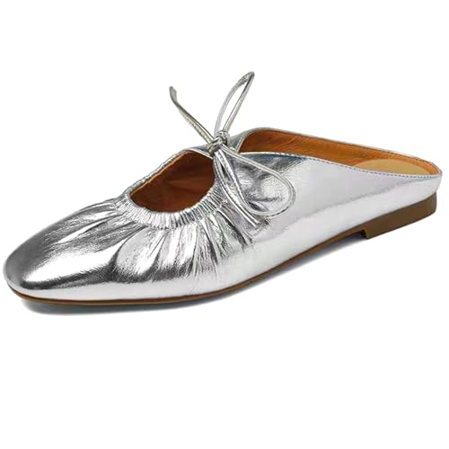 Generic Women's Leather Lace Up Slingback Flat Mules,Closed Toe Square Toe Ballet Flats, Casual Comfortable Dressy Dating Work Shoes for Women, Gold