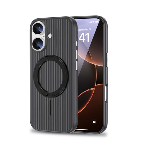 ALLINBOY - ALLINBOY for iPhone 17 Case, Corrugated Grille Electroplated Magnetic Ring Stand Holder Strip Hard Back Anti-Slip, Slim, Lightweight, Shockproof Military Grade Drop Protection, Black