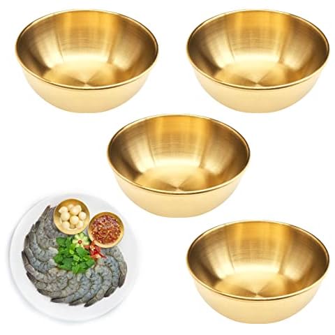 BLLREMIPSUR 4 PCS Gold Sauce Dip Bowls, Stainless Steel Seasoning Dish, Small Sushi Dipping Bowls, 3.2 inch Round Appetizer Plates Cover