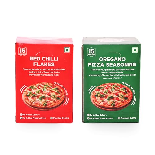 Image of Orea Farm Chilli Flakes and Oregano Combo - 15 x 10g Oregano Pizza Seasoning & 15 x 7g Chilli Flakes Sachets - Perfect for Pizzas, Pastas, and More - Bold Flavor Enhancer for Culinary Delights