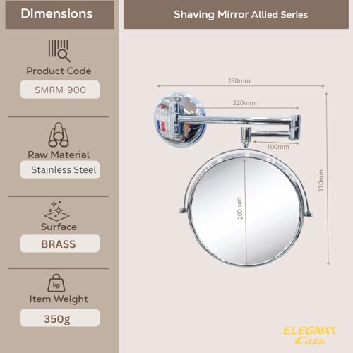 Image of ELEGANT CASA Wall Mounted 8-Inch 5X Magnifying Mirror | Stainless Steel Round Vanity Mirror | 360 Swivel Adjustable Arm | Dual-Sided for Shaving, Makeup & Bathroom Use