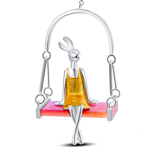 AG Artgosse Mlle Conejo y su Columpio de Concha Natural, creación Original en Plata 925 Hecha a Mano Colgante con Cadena para Mujer.