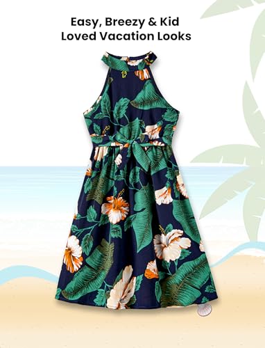 Image of PATPAT Family Hawaiian Matching Outfits - Mommy and Me Vacation Outfits | Halter Sundresses and Button Down Shirts,Caribbean Vacation Summer Tropical Outfits,Hawaiian Boho Tropical Floral Printed