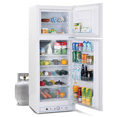 SMETA Propane Refrigerator 110V/Gas Fridge Up Freezer 9.4 Cu.Ft RV Propane Fridge Large Storage for Off Grid Garage Ready Refrigerator Apartment Size, White