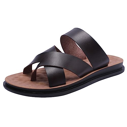 Harssidanzar Sandals For Men's,Summer Slip On Cross Straps Slide Sandals Toe Ring Style Outdoor And Indoor KM221US, Brown, Size 9