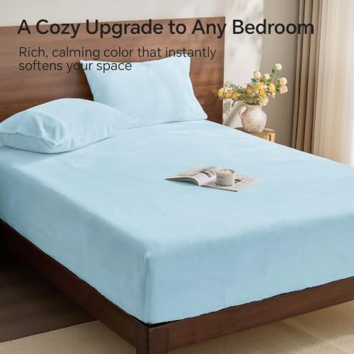 Image of BEDELITE Flannel King Fitted Sheet & Pillowcases Set, Blue, 3 Pieces | Ultra Soft Plush Fleece Bed Sheet with Elastic Corner Straps, 16 Inch Deep Pocket, Fuzzy All-Season Gift & Room Decor