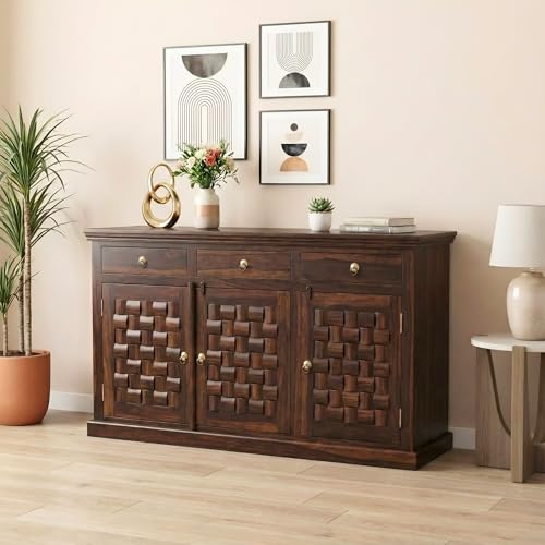 Image of SONA ART & CRAFTS Niwar Solid Sheesham Wood Sideboard Cabinet Storage Organizer with 3 Drawer & 3 Door Cabinet for Home Kitchen Living Room & Bedroom Multi Shelves Cabinets Hallway (Walnut Finish)