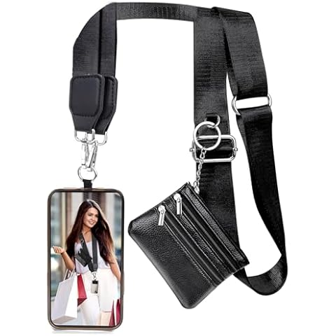XANGNIER Clip and Go Strap for Phone with Wallet Crossbody, Phone Strap with Zippered Wallet, Adjustable Anti Theft Cellphone Lanyard for Women, Cellphone Chain Accessories, Black Cover