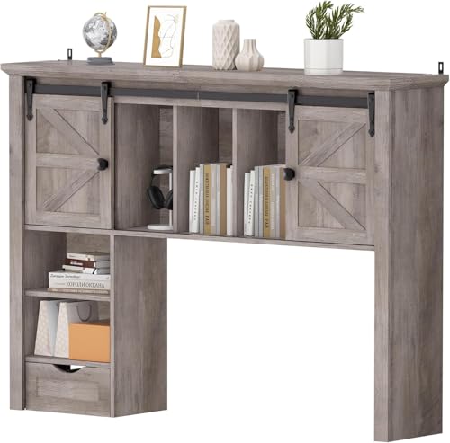 Image of Large Desktop Bookshelf | Desktop Organizer Storage Rack with 7 Cubbies and Drawer, Home, Desk Shelf for Office, Dorm, Vanity, Oak Grey