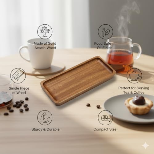 Image of Wooden Serving Tray for Tea & Coffee | Handcrafted Acacia Wood Platter for Breakfast, Snacks, Drinks | Lightweight & Durable | Kitchen & Dining Decor Tray (Platter)